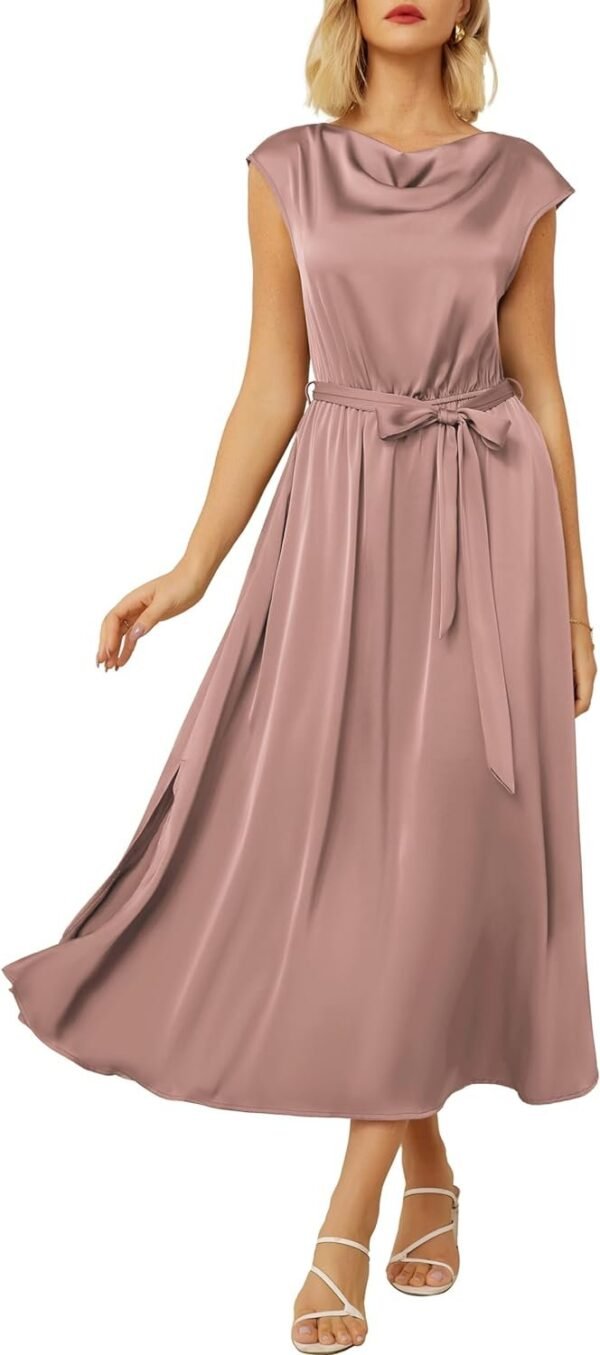 Connecteri  KARIN Women's 2024 Satin Midi Dress Summer Cap Sleeve Cowl Neck Belted Slit Elegant A-Line Flowy Dress with Pockets