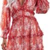 Connecteri  Womens 2024 Spring Summer Deep V Neck Ruffle Floral Flowy Mini Dress