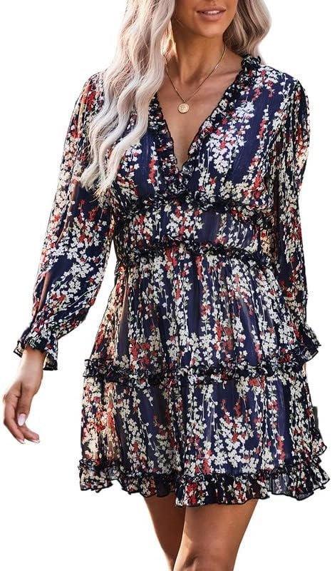 Connecteri  Womens 2024 Spring Summer Deep V Neck Ruffle Floral Flowy Mini Dress
