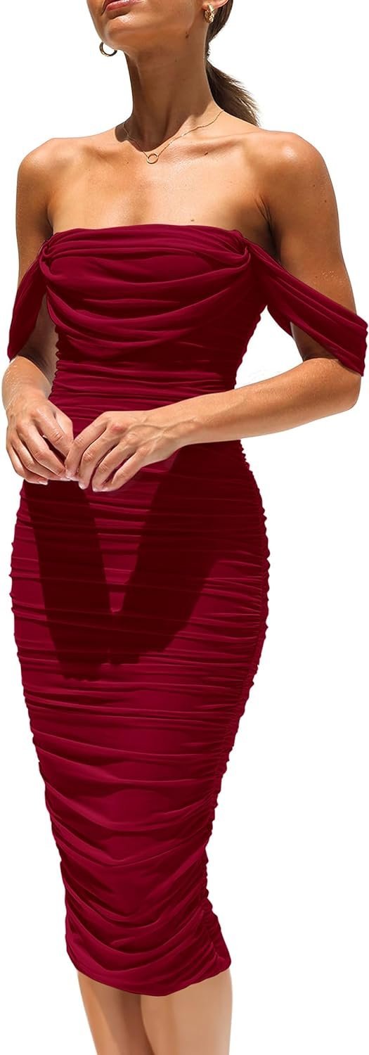 Connecteri?Womens Summer Off The Shoulder Ruched Bodycon Dresses Sleeveless Fitted Party Club Midi