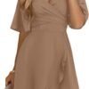 Connecteri  Women's Wrap V Neck Short Flared Sleeve Wedding Guest Dress Smocked Elastic Waist Tiered Belted Ruffle Hem Mini Dress
