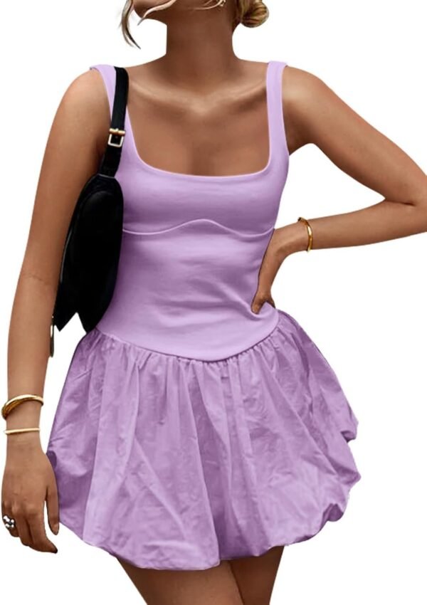 Connecteri Women's 2024 Summer Mini Dress Tank Sleeveless Square Neck Solid Color Puffy Beach Short Dresses Sundress