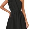 Connecteri Women's Summer One Shoulder Ruffle Dress 2024 Boho Sleeveless Elastic High Waist Swing Mini Dresses