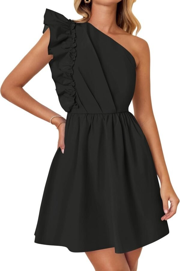 Connecteri Women's Summer One Shoulder Ruffle Dress 2024 Boho Sleeveless Elastic High Waist Swing Mini Dresses