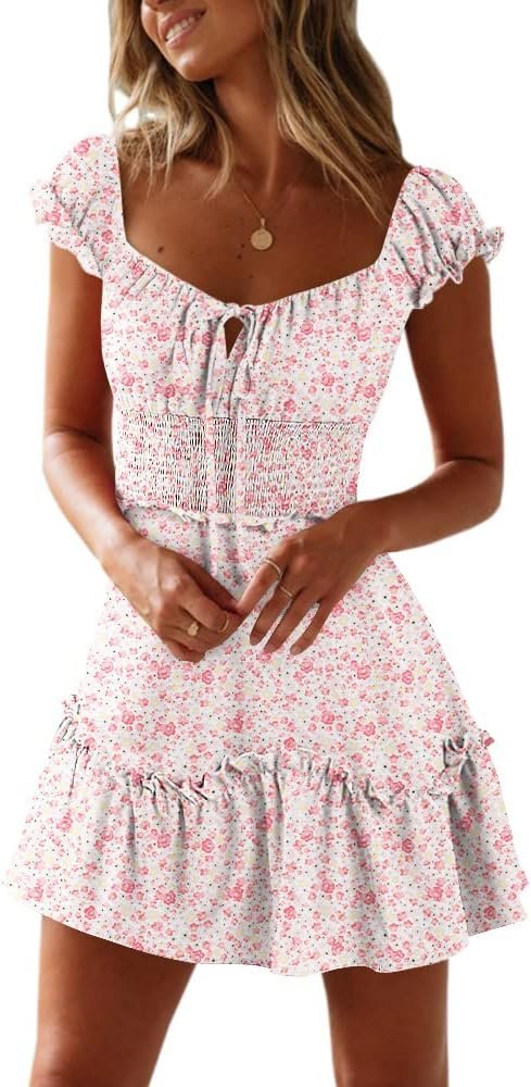 Connecteri  Women's Summer Ruffle Sleeve Sweetheart Neckline Printing Dress Mini Dress