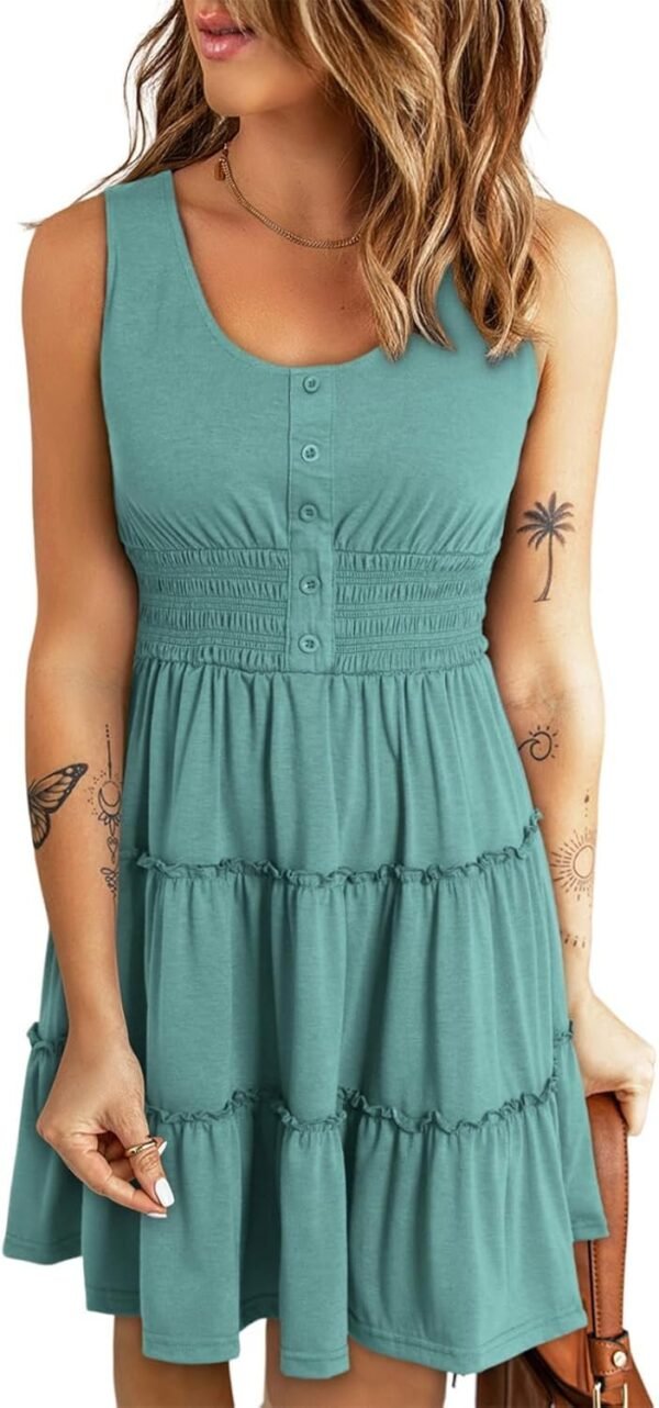 Connecteri  Womens Summer Dresses 2024 Sleeveless Button Down Smocked Elastic Waist Ruffle Tiered Casual Swing Mini Dress