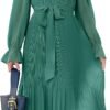 Connecteri  Women's Floral Midi Dress Puff Long Sleeve Casual Ruffle Chiffon A-Line Swing Pleated Belted Tea Party Dresses