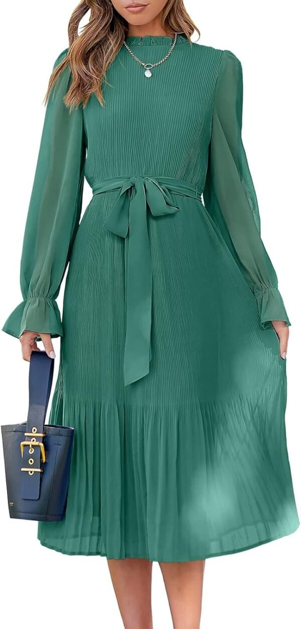 Connecteri  Women's Floral Midi Dress Puff Long Sleeve Casual Ruffle Chiffon A-Line Swing Pleated Belted Tea Party Dresses
