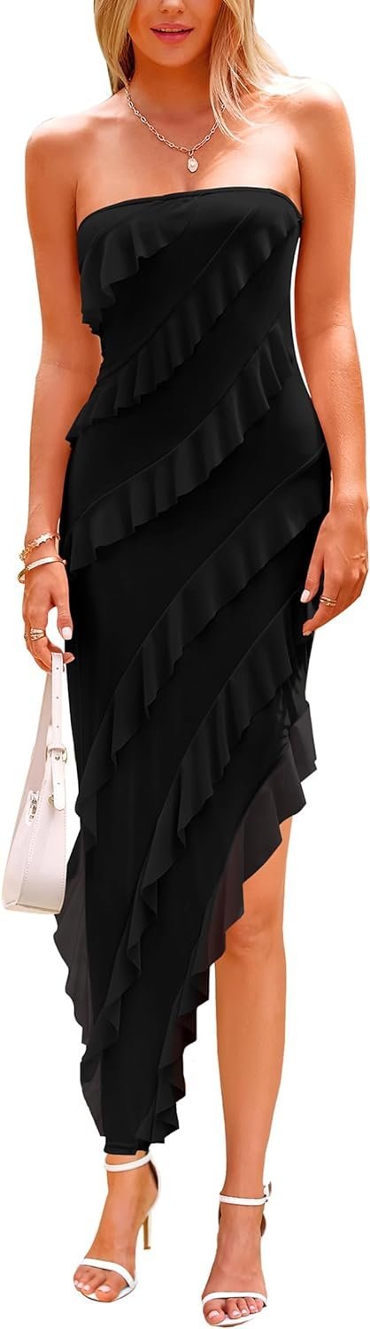 Connecteri?Womens Strapless Tube Asymmetrical Ruffle Maxi Bodycon Dress