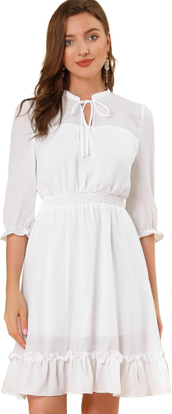 Connecteri  K Women's Autumn Wedding Guest Dresses Ruffle Hem 3/4 Sleeve A-Line Smocked Short Chiffon Dress
