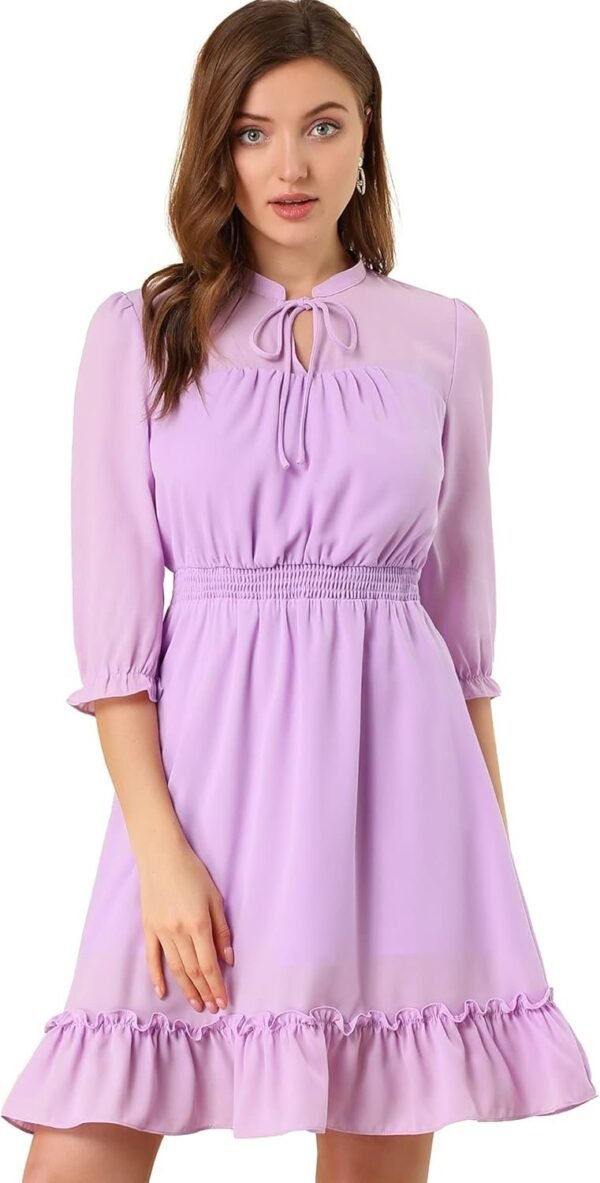 Connecteri  K Women's Autumn Wedding Guest Dresses Ruffle Hem 3/4 Sleeve A-Line Smocked Short Chiffon Dress