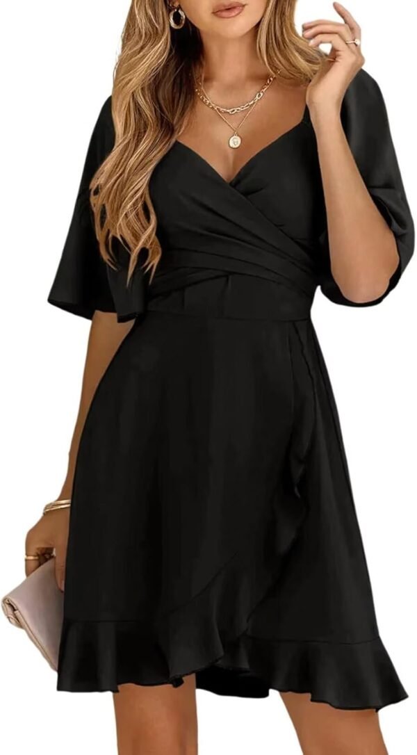 Connecteri  Women's Wrap V Neck Short Flared Sleeve Wedding Guest Dress Smocked Elastic Waist Tiered Belted Ruffle Hem Mini Dress