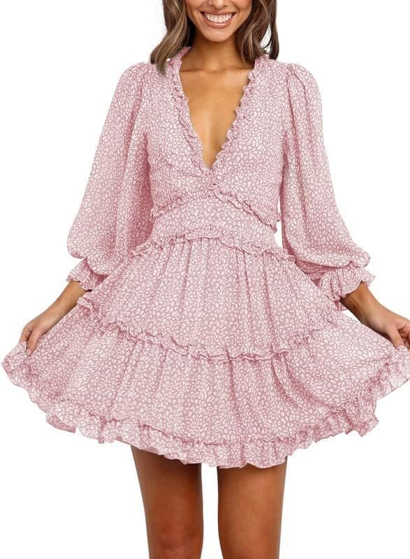 Connecteri  Womens 2024 Spring Summer Deep V Neck Ruffle Floral Flowy Mini Dress