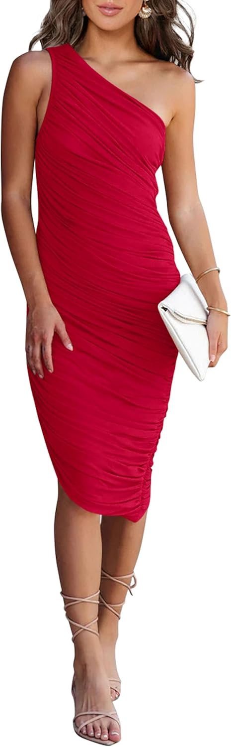 Connecteri?Women's Ruched Bodycon Dress 2024 Summer One Shoulder Sleeveless Party Cocktail Pencil Dresses