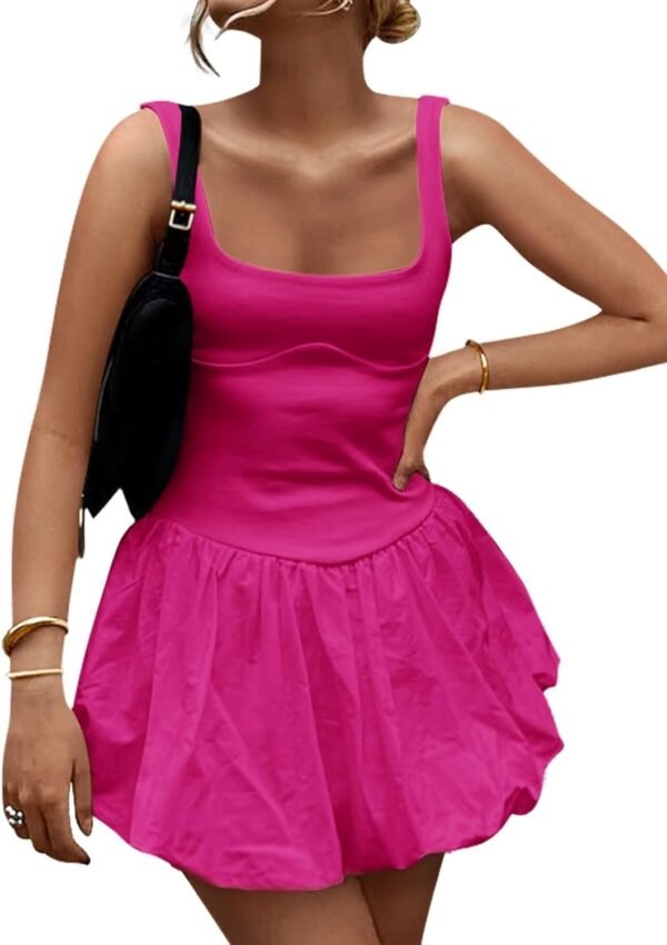 Connecteri Women's 2024 Summer Mini Dress Tank Sleeveless Square Neck Solid Color Puffy Beach Short Dresses Sundress