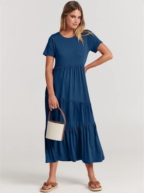 Connecteri  Women Summer Maxi Dress Short Sleeve Swing Casual Asymmetric Tiered Vacation Long Beach Sundress Outfits