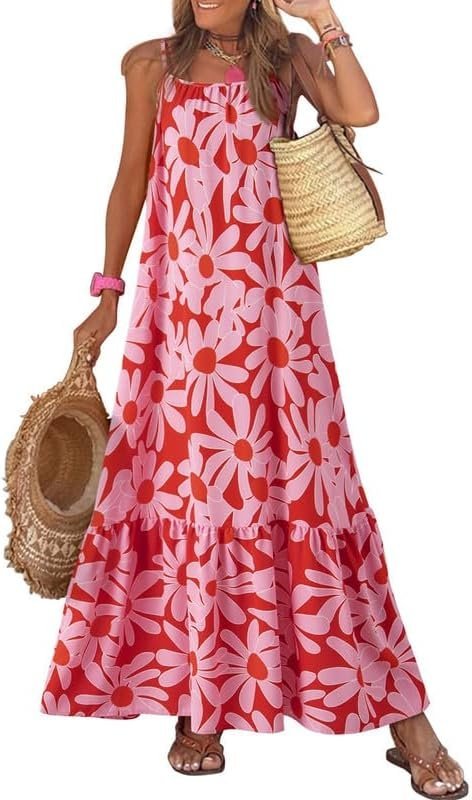 Connecteri  Women Summer Dresses 2024 Spaghetti Strap Scoop Neck Smocked Ruffle Flowy Boho Maxi Dress