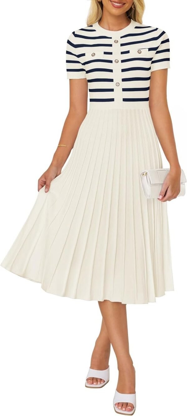 Connecteri Women's Casual Striped Midi Dress Crewneck Short Sleeve Button Ribbed Knit Swing Pleated A Line Dresses