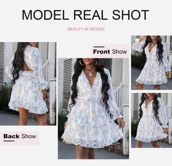 Connecteri  Womens 2024 Spring Summer Deep V Neck Ruffle Floral Flowy Mini Dress