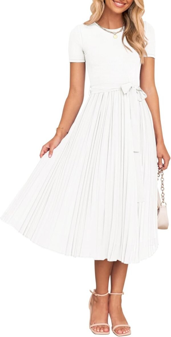 Connecteri Womens Summer Short Sleeve Midi Dresses Spring Casual Crew Neck Knit Belted Pleated A Line Flowy Wedding Guest Dress