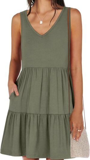 Connecteri  Womens Summer Casual Tank Dress Sleeveless V Neck T Shirt Sundress Flowy Tiered Swing Mini Beach Vacation Dresses