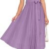 Connecteri Womens Summer Short Sleeve Midi Dresses Spring Casual Crew Neck Knit Belted Pleated A Line Flowy Wedding Guest Dress