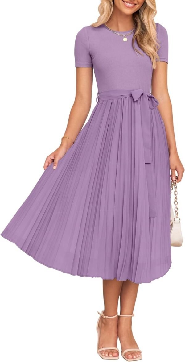 Connecteri Womens Summer Short Sleeve Midi Dresses Spring Casual Crew Neck Knit Belted Pleated A Line Flowy Wedding Guest Dress