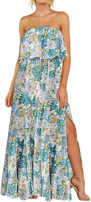Connecteri  Womens Strapless Dresses Casual Summer High Waist Side Split Flowy Boho Maxi Dress
