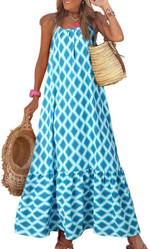 Connecteri  Women Summer Dresses 2024 Spaghetti Strap Scoop Neck Smocked Ruffle Flowy Boho Maxi Dress