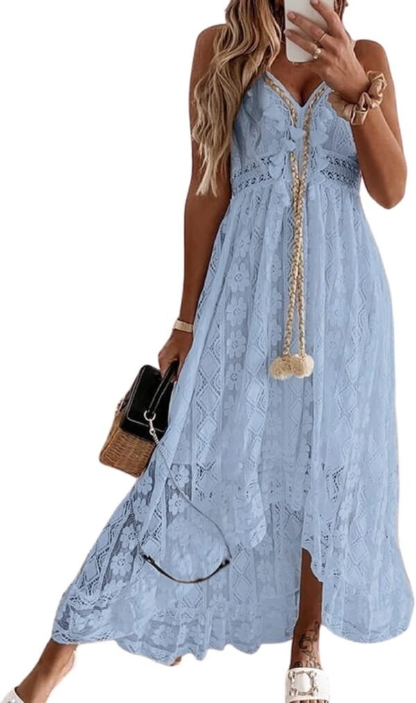 Connecteri  Women's Maxi Dress Lace Dresses Boho Tassel V-Neck Flare Ruffle Adjustable Straps Beach Summer Long Dress
