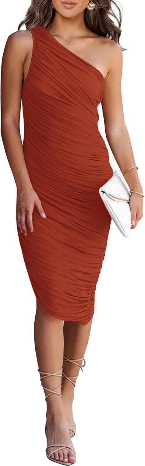 Connecteri?Women's Ruched Bodycon Dress 2024 Summer One Shoulder Sleeveless Party Cocktail Pencil Dresses