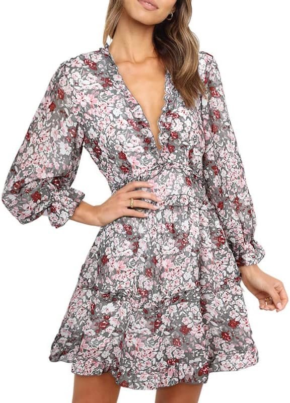 Connecteri  Womens 2024 Spring Summer Deep V Neck Ruffle Floral Flowy Mini Dress