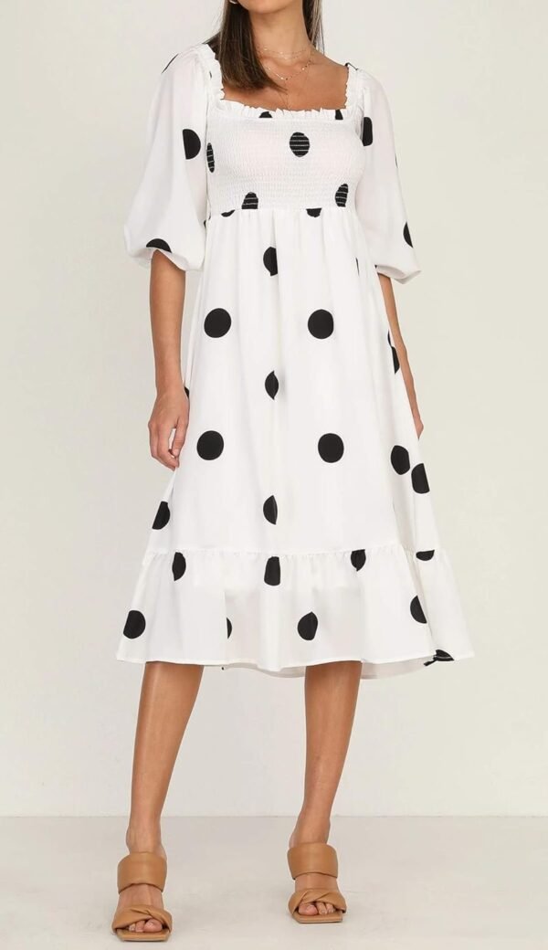 Connecteri  Women's Summer Cotton Puff Sleeves Casual Vintage Polka Dots Print Off Shoulder Midi Dress
