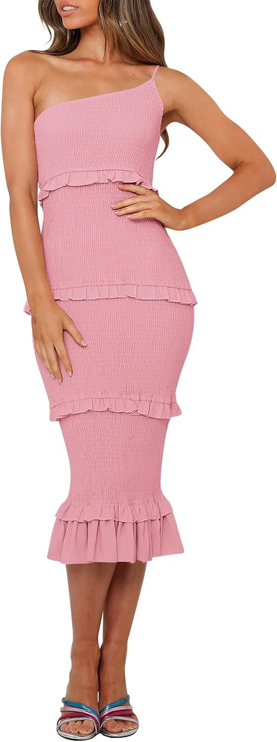 Connecteri  Womens Floral Summer One Shoulder Strappy Tiered Ruffle Midi Bodycon Dresses