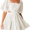 Shy Velvet Women's Summer Dress Square Neck Short Sleeves Crossover Waist Casual Party Mini Dress