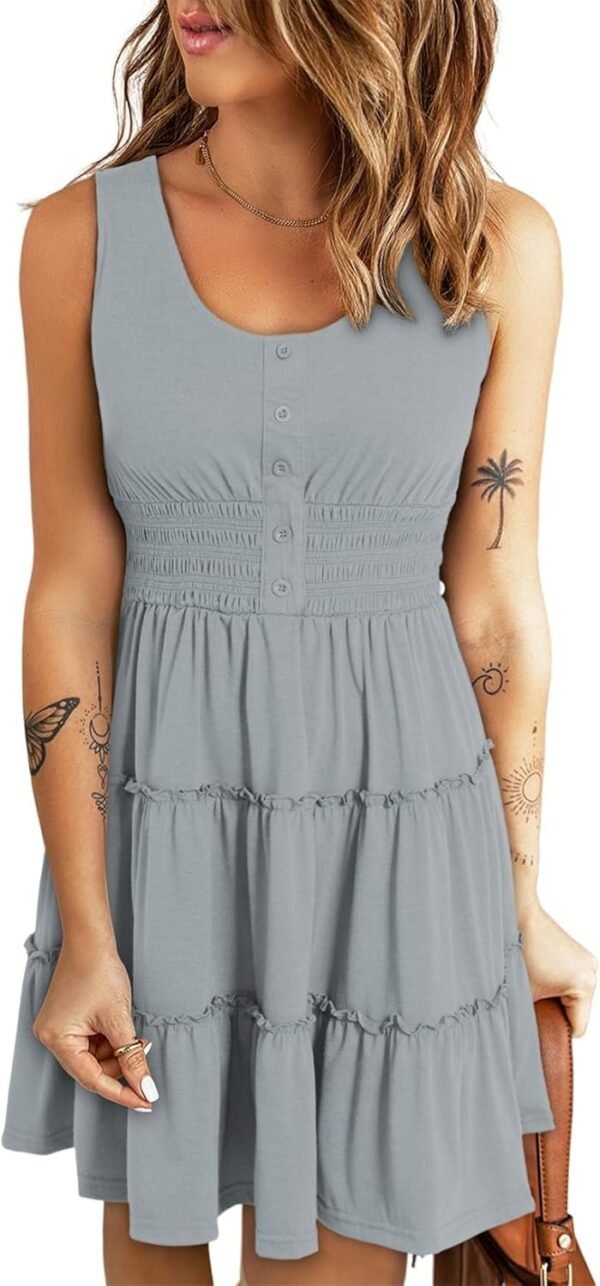 Connecteri  Womens Summer Dresses 2024 Sleeveless Button Down Smocked Elastic Waist Ruffle Tiered Casual Swing Mini Dress