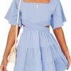 Shy Velvet Women's Summer Dress Square Neck Short Sleeves Crossover Waist Casual Party Mini Dress