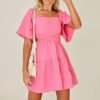 Shy Velvet Women's Summer Dress Square Neck Short Sleeves Crossover Waist Casual Party Mini Dress