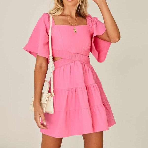 Shy Velvet Women's Summer Dress Square Neck Short Sleeves Crossover Waist Casual Party Mini Dress