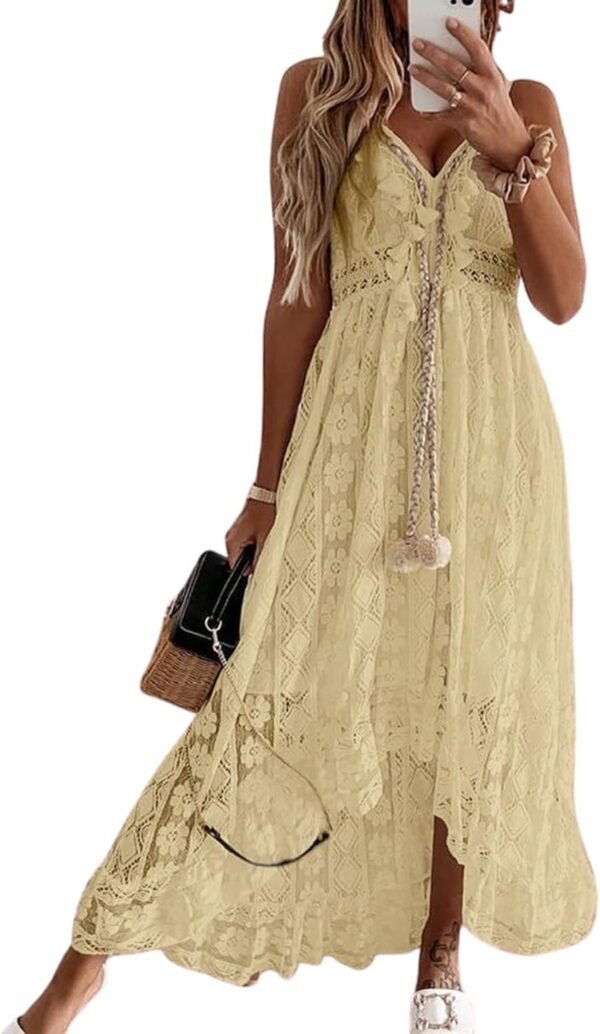 Connecteri  Women's Maxi Dress Lace Dresses Boho Tassel V-Neck Flare Ruffle Adjustable Straps Beach Summer Long Dress