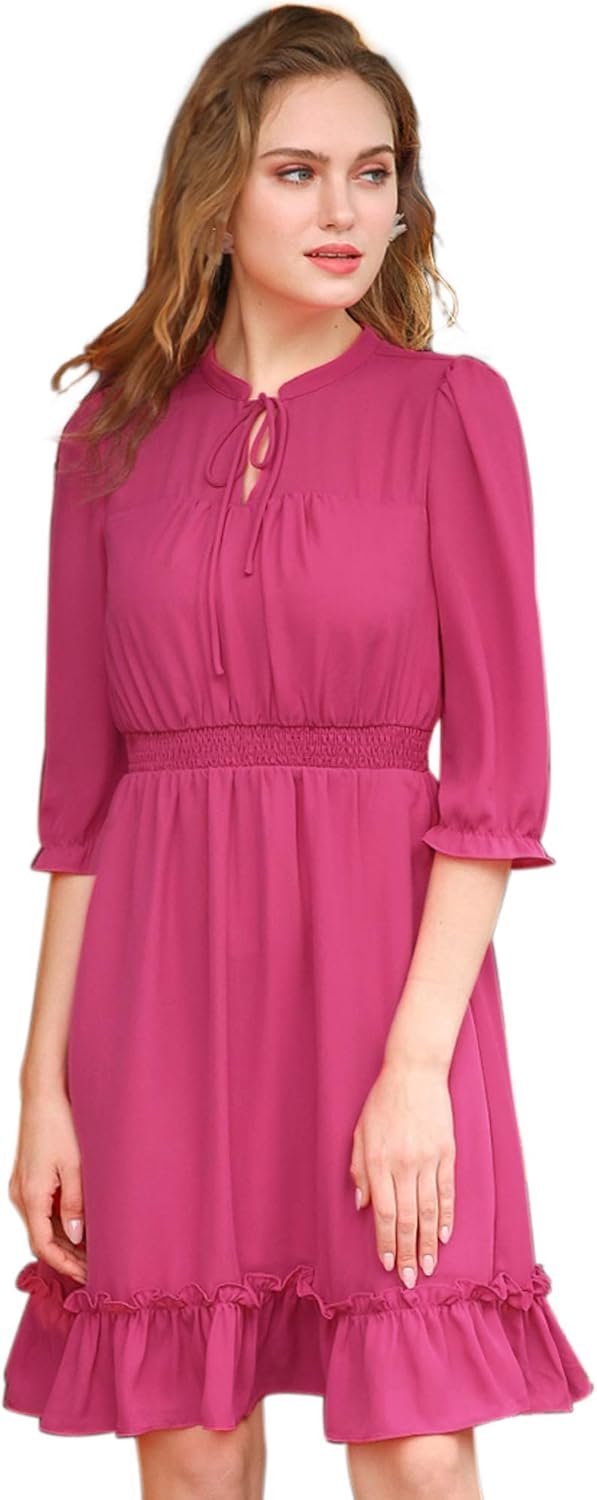 Connecteri  K Women's Autumn Wedding Guest Dresses Ruffle Hem 3/4 Sleeve A-Line Smocked Short Chiffon Dress