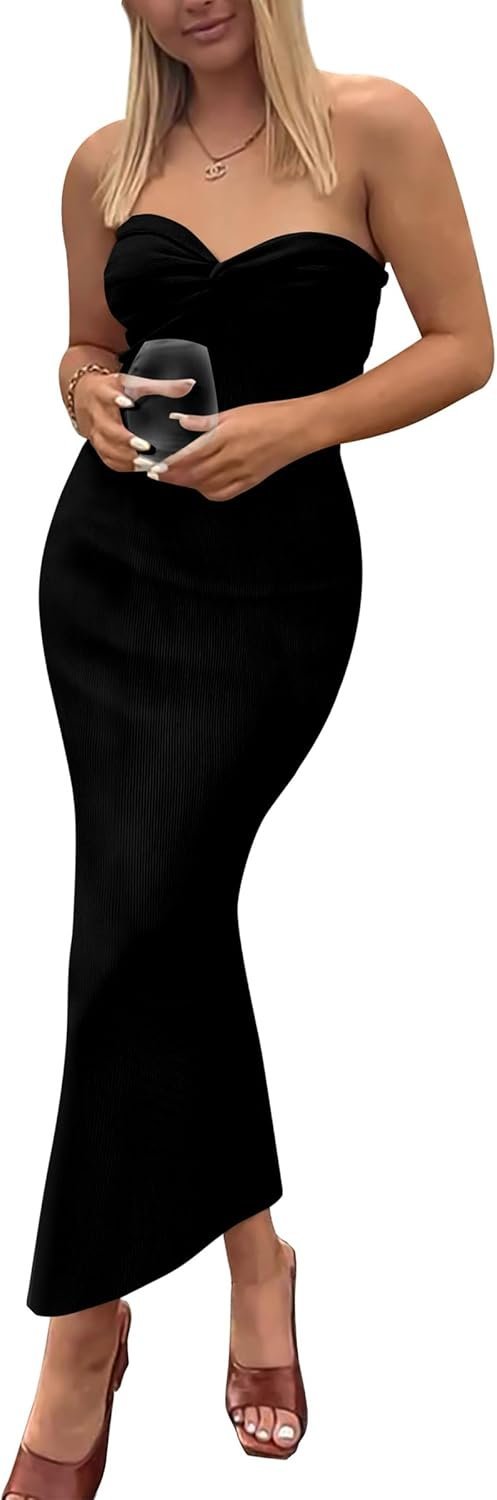 Connecteri  Womens Summer Bodycon Long Dresses Strapless Tube Twist Knot Front Ribbed Knit Elegant Maxi Dress With Slit