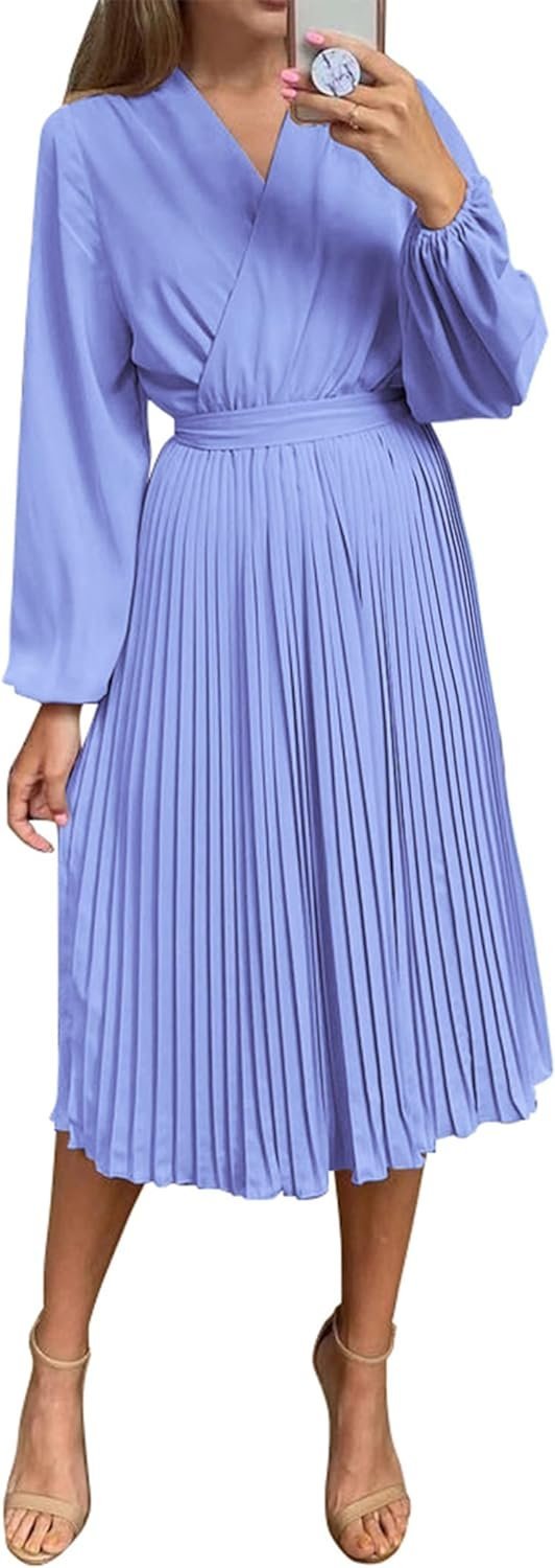 Connecteri  Womens V Neck Flowy Ruffle Pleated Casual Fall Dress