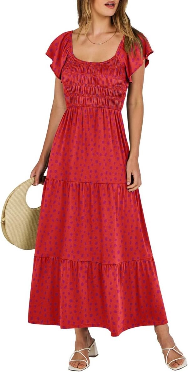Connecteri  Women??s 2024 Summer Casual Maxi Dress Flutter Sleeve Scoop Neck Smocked Tiered A Line Flowy Beach Long Sun Dresses