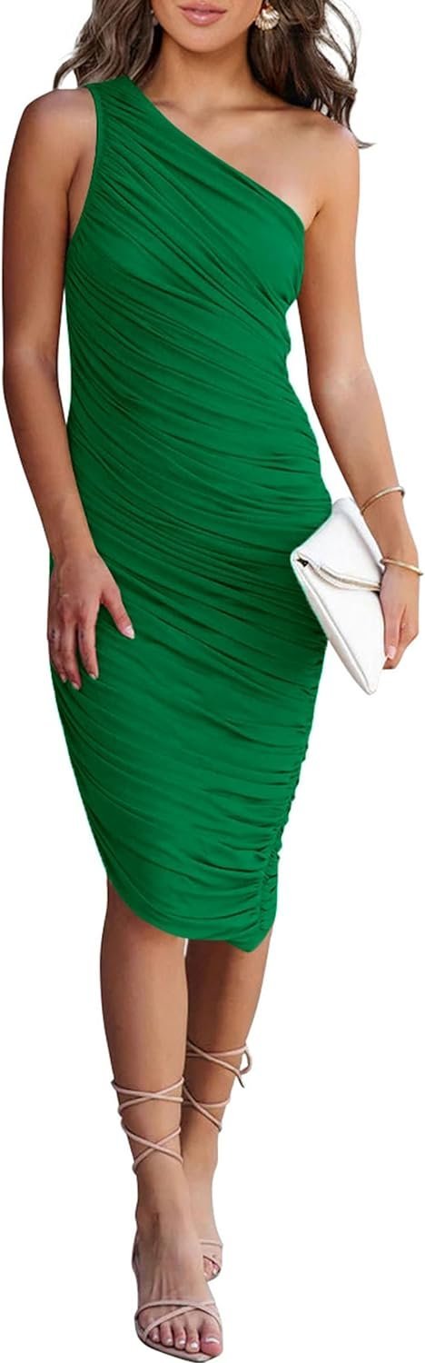 Connecteri?Women's Ruched Bodycon Dress 2024 Summer One Shoulder Sleeveless Party Cocktail Pencil Dresses