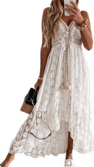 Connecteri  Women's Maxi Dress Lace Dresses Boho Tassel V-Neck Flare Ruffle Adjustable Straps Beach Summer Long Dress