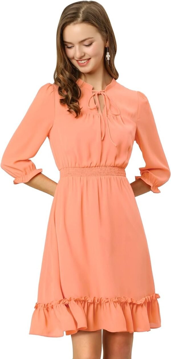 Connecteri  K Women's Autumn Wedding Guest Dresses Ruffle Hem 3/4 Sleeve A-Line Smocked Short Chiffon Dress