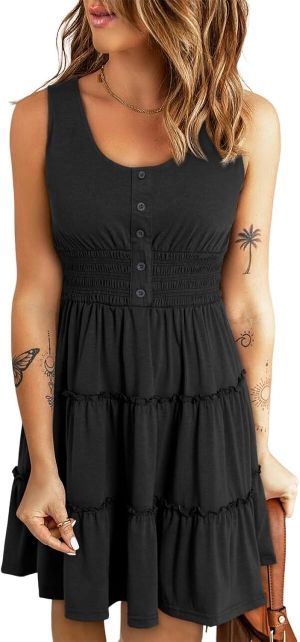 Connecteri  Womens Summer Dresses 2024 Sleeveless Button Down Smocked Elastic Waist Ruffle Tiered Casual Swing Mini Dress