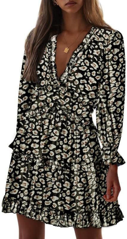 Connecteri  Womens 2024 Spring Summer Deep V Neck Ruffle Floral Flowy Mini Dress