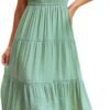 Connecteri  Dresses for Women 2023 Wedding Guest Summer V Neck Short Sleeve Smocked Ruffle Hem A-Line Polka Dot Boho Maxi Dress